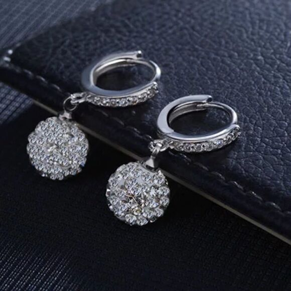 NEW 925 Sterling Silver Crystal Ball Hoop Earrings - Picture 7 of 10